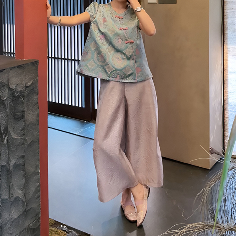 2025年夏服、気質の高級新作中国風プリントスタンドカラー半袖トップスとワイドレッグパンツの2点セット|undefined