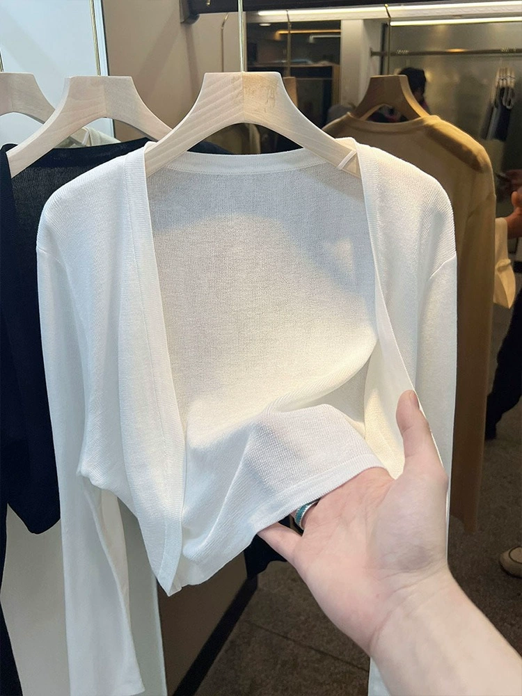Белый укороченный вязанный тонкий летний кардиган, slipdress, шифоновая куртка