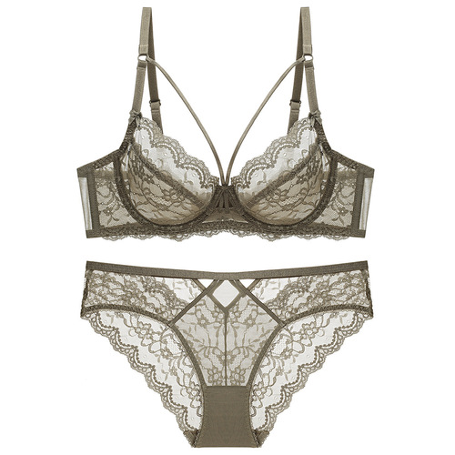 Sexy lace underwear, big breasts, anti-sagging, large size bra set, ultra-thin sponge-free transparent bra