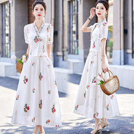 新中式国风套装裙女夏季显瘦刺绣提花古风改良汉服半身裙两件套
