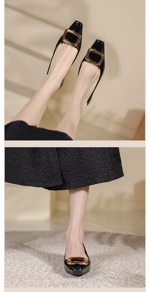 Giày cao gót nữ mũi vuông khóa vuông, da sáng chế, gót thô 6–8 cm — màu kaki, màu đỏ tía, đen chi tiết 4
