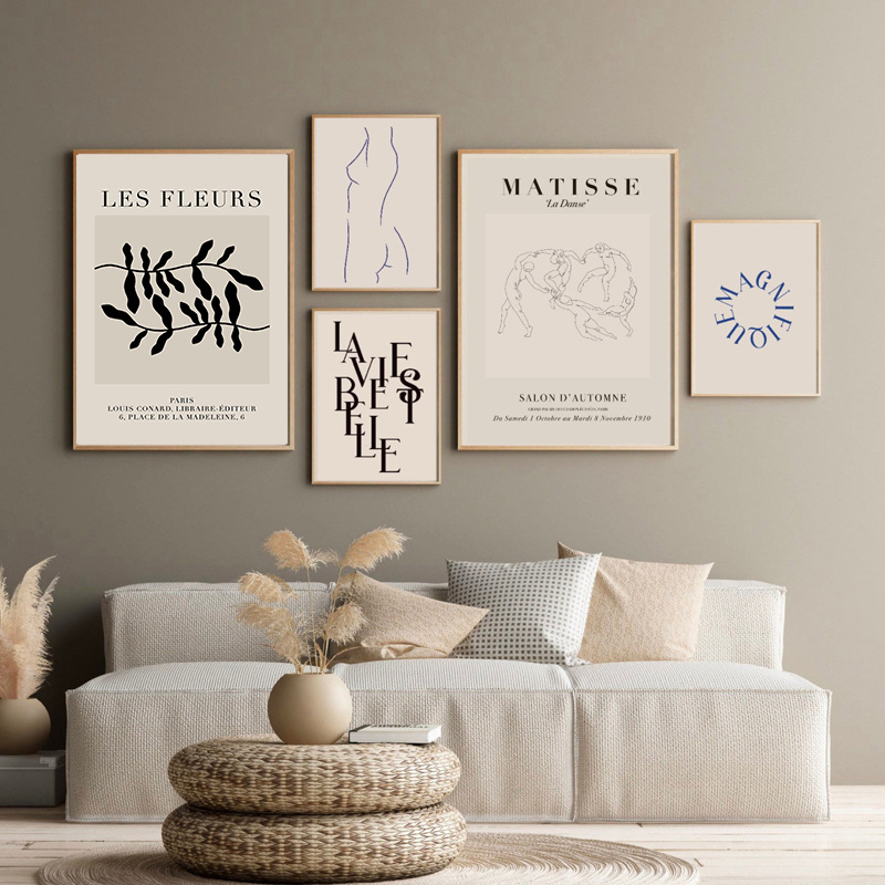 Scandinavian Simple Modern Matisse Character English Line Drawing Leaf Combination Decorative Painting Core Bedroom Living Room Hanging Painting