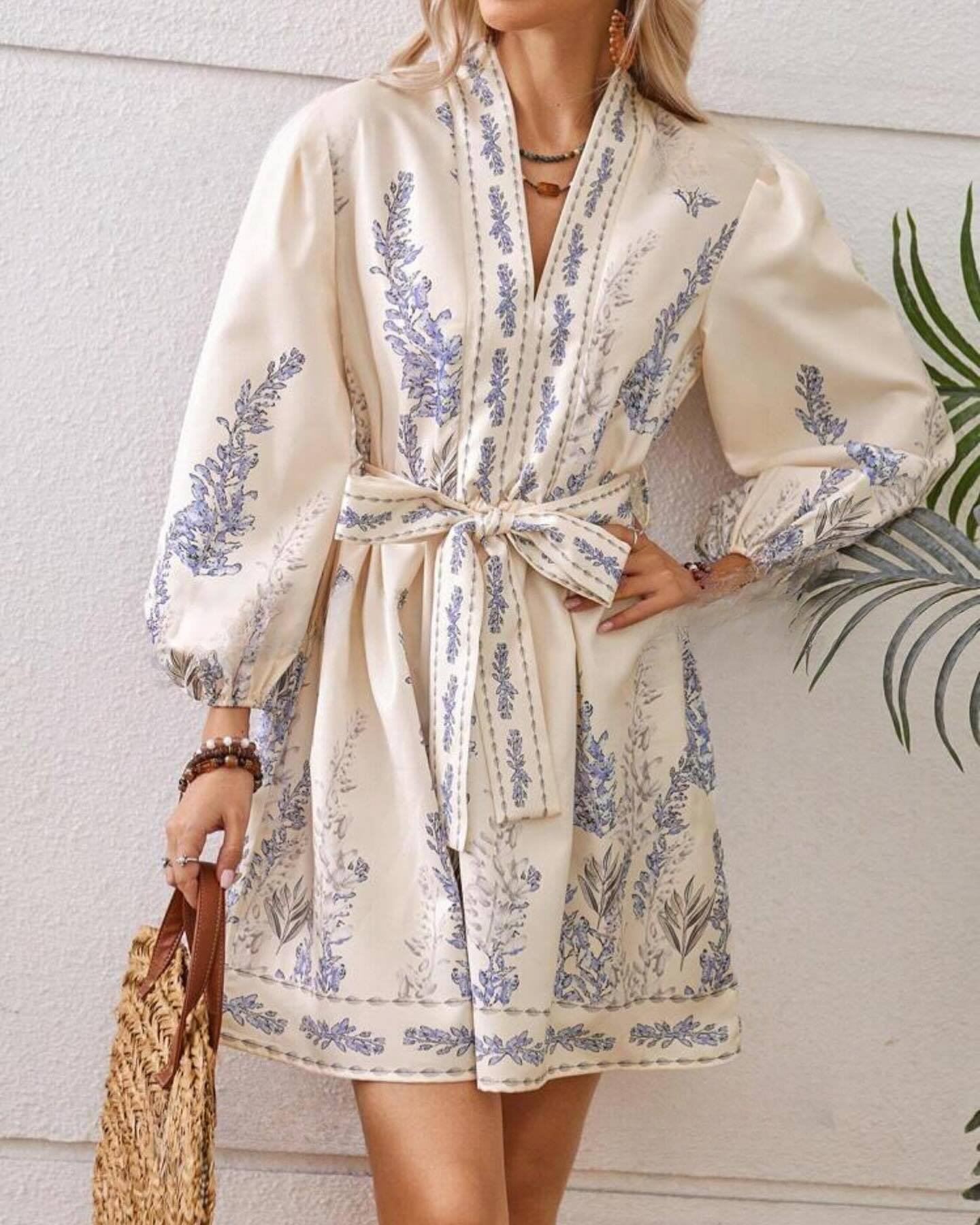 Cross-border European And American 2025 Spring New Women's Fashion V-neck Long-sleeve Bohemian Printed Dress_ecoleips.com