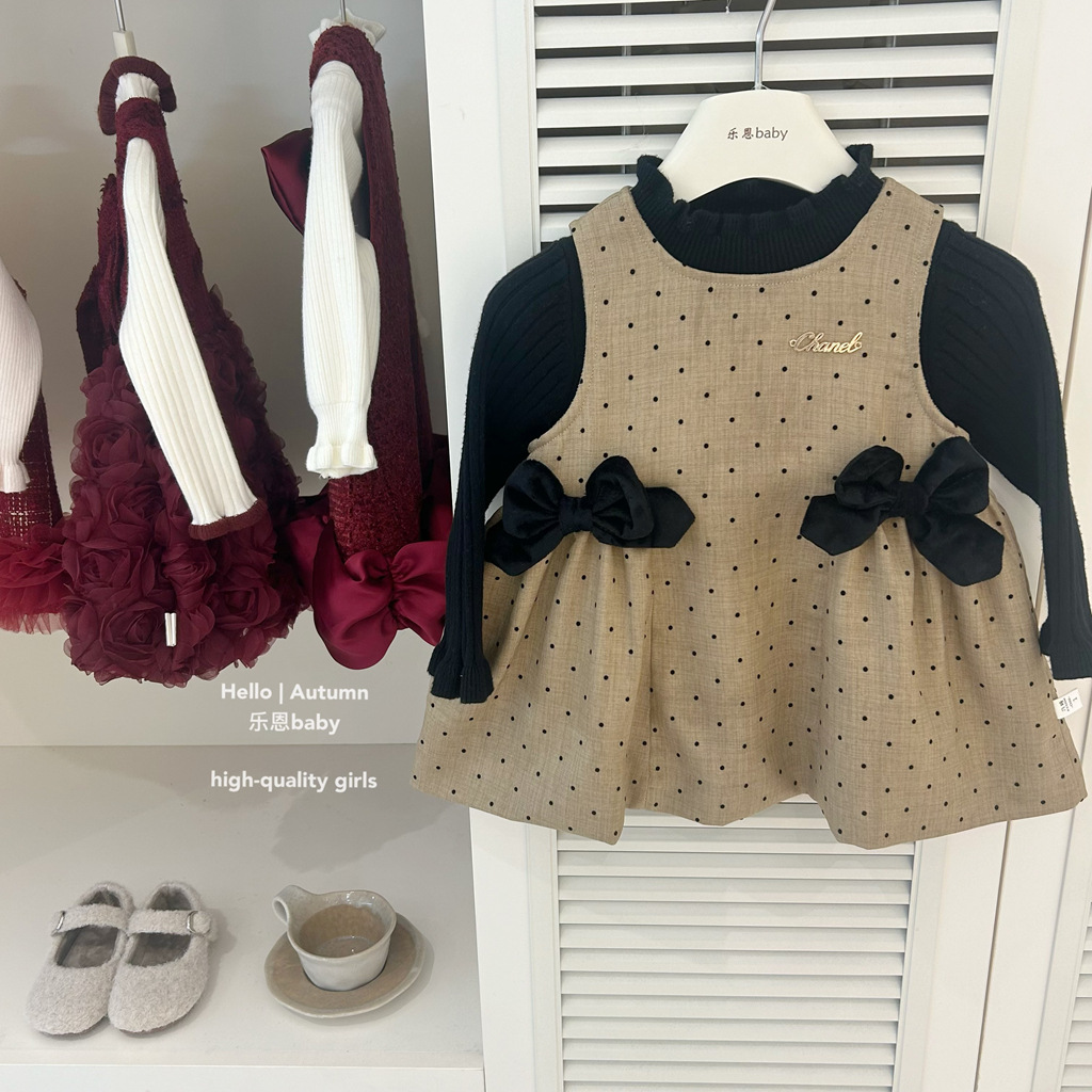 [Leen Children's Clothing] Traje de falda de terciopelo y lunares de invierno para niñas