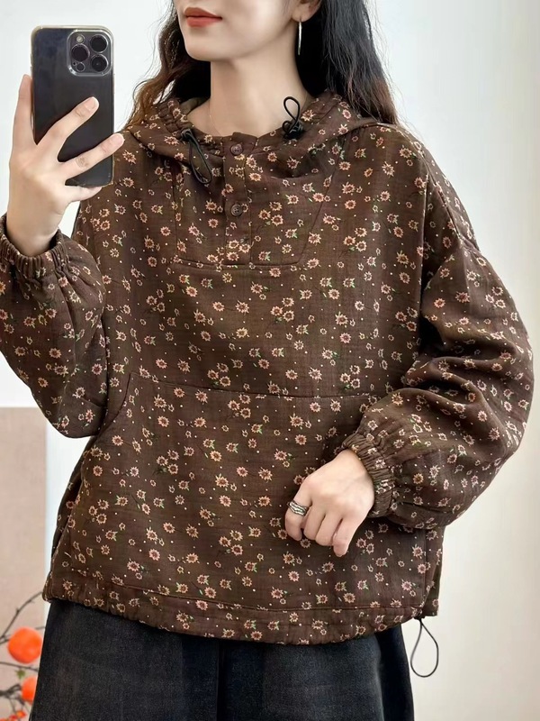 古咖服饰秋季新款复古棉麻印花连帽外套女文艺碎长袖宽松套头上衣|undefined