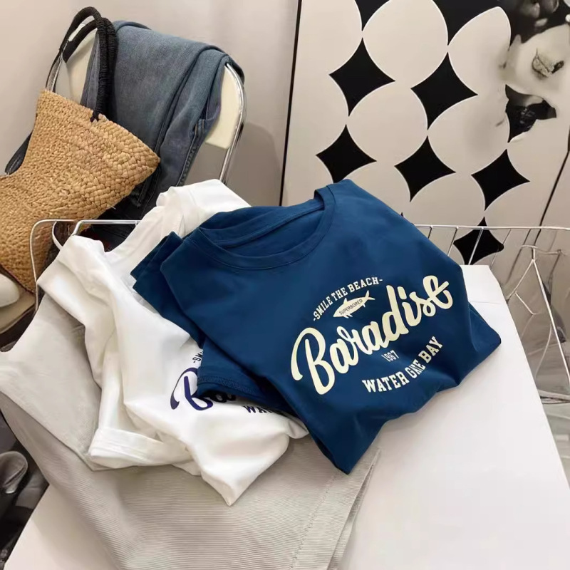 2025 New Summer Versatile Short-Sleeved T-Shirt for Women with Letter Print Korean Style Loose Short-Sleeved Pullover Round Neck Top for Women
