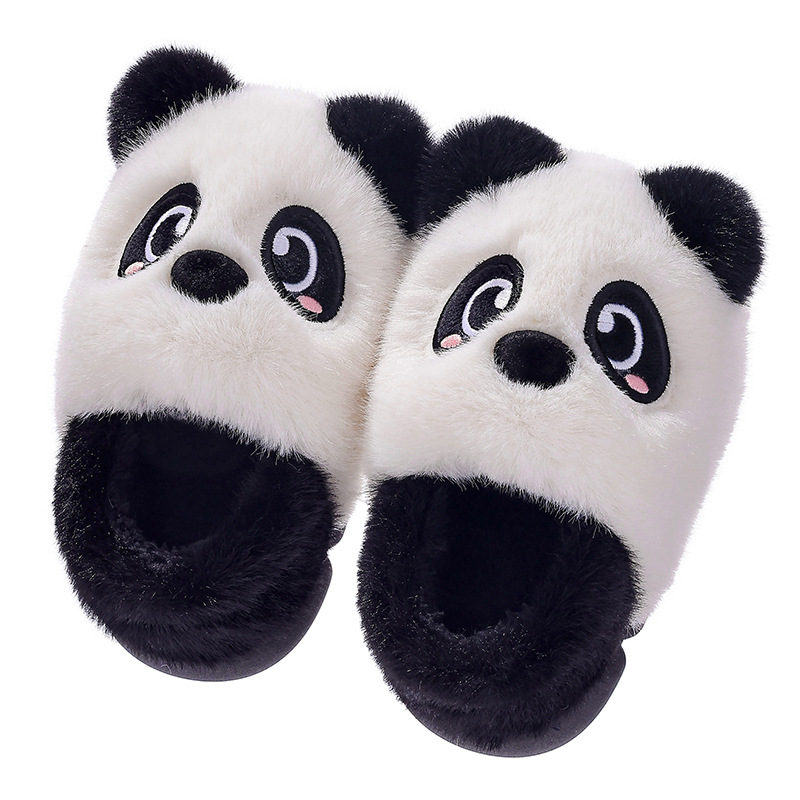 Otoño y invierno zapatillas de algodón para niños y niñas, calentamiento y peluche panda, bolsas caseras con tacones de algodón para niños pequeños y medianos