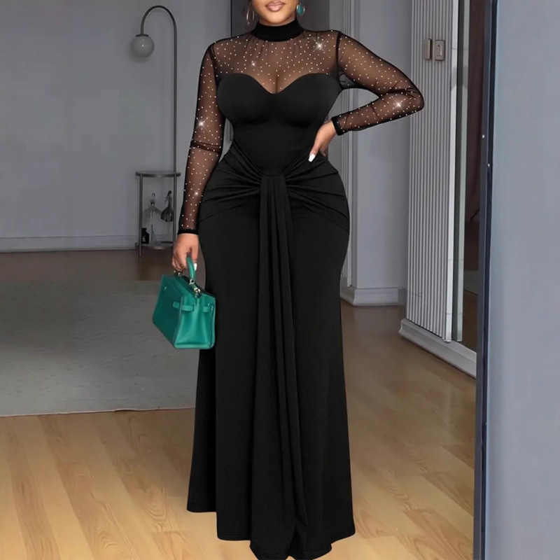 In-Stock Women's Solid Color Slim-Fit Fishtail Dress with High-Neck Mesh Splicing at the Neckline, Ruched Design, Bodycon Fit, Waist-Cinching Design, Long Length