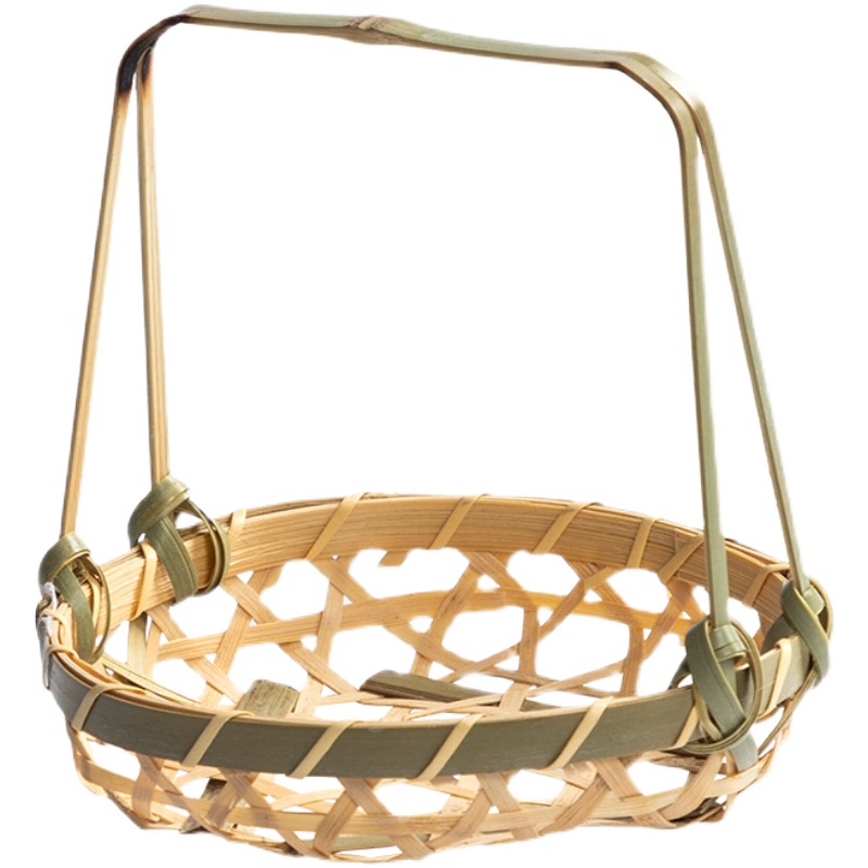 Bamboo small basket with round handle, tea and fruit basket, pastry tray, creative small bamboo basket, multi-layered bamboo basket