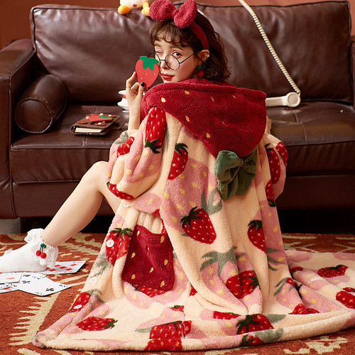Ladies Flannel Robe for Autumn/Winter with Thick Open Vest Hooded Long Robe Cute Strawberry Outerwear Wholesale