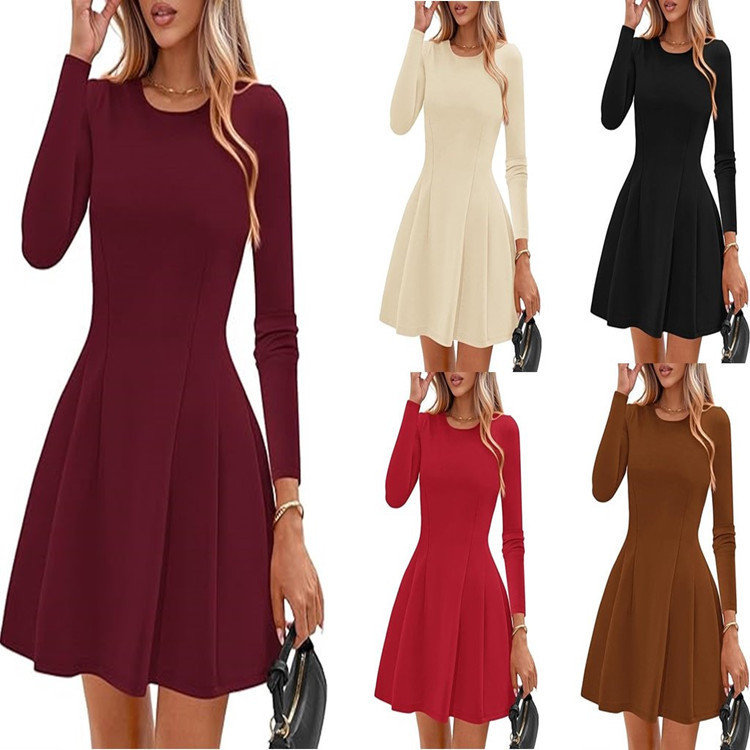 Cross-Border Amazon Aliexpress 2025 New Autum Round Neck Knitted Pleated Baby Doll Skirt Casual Dress