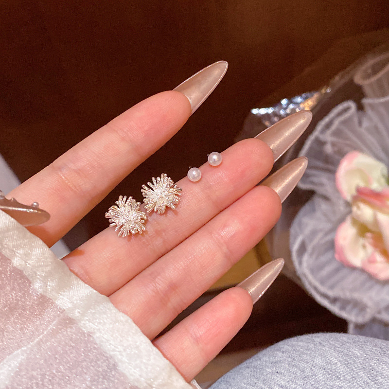 镀白金烟花套装耳钉女轻奢小众高级感精致蒲公英耳环网红珍珠耳饰|undefined