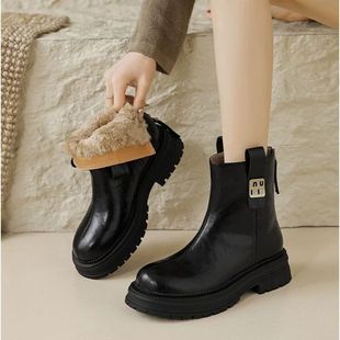 Autumn and Winter New Arrival Rear Zipper Retro Thick Heel Ankle Boots Western Style Cotton Boots for Mom British Style Thick Bottom Stitching Martin Boots for Women