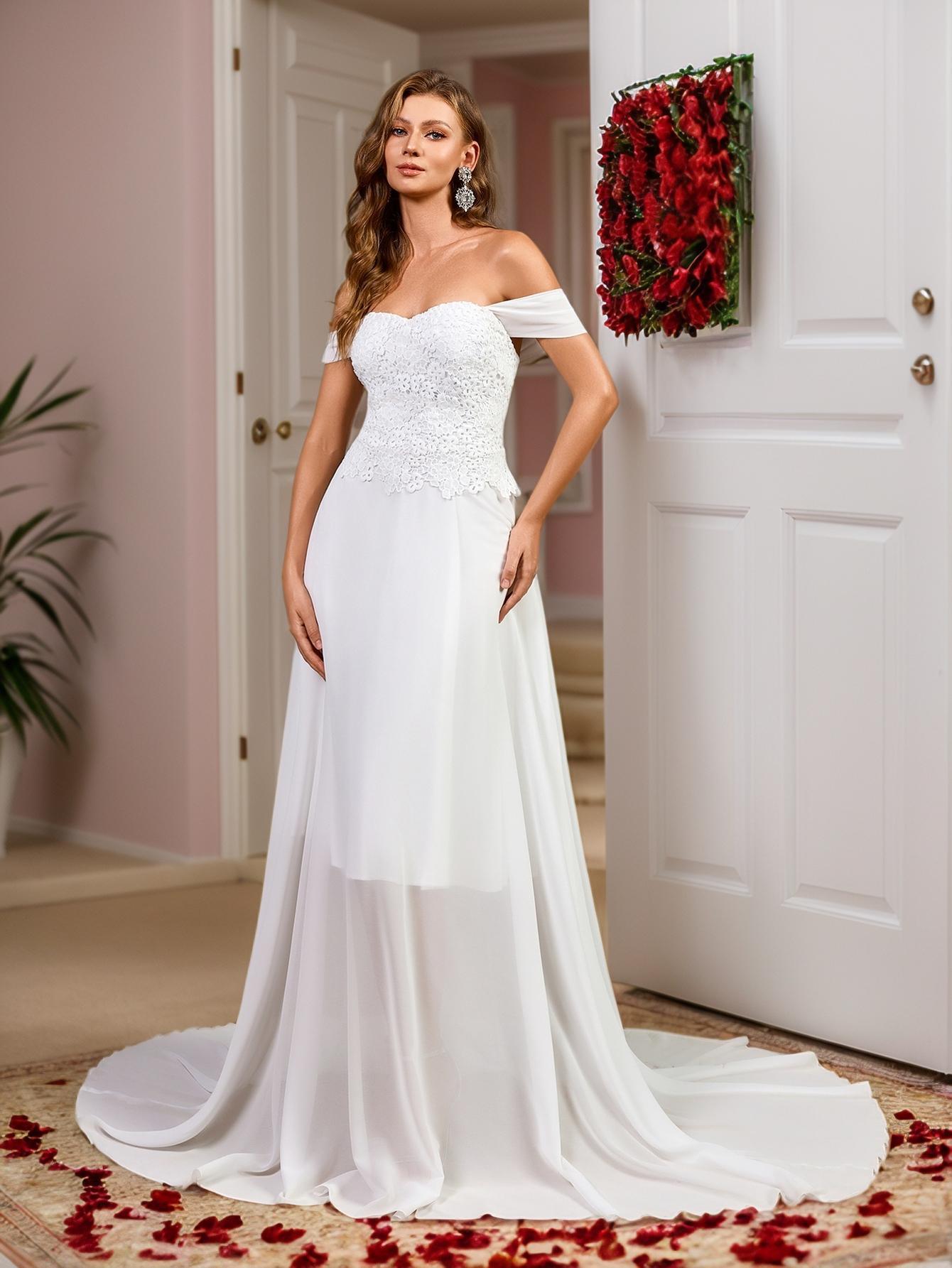 2025 verano nuevo vestido de comercio exterior wish amazon doble hombro encaje chiffon empalme vestido de novia