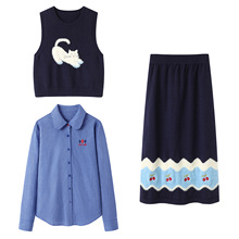 2025新款女秋季法式趣味猫咪提花马甲半裙毛针织套装