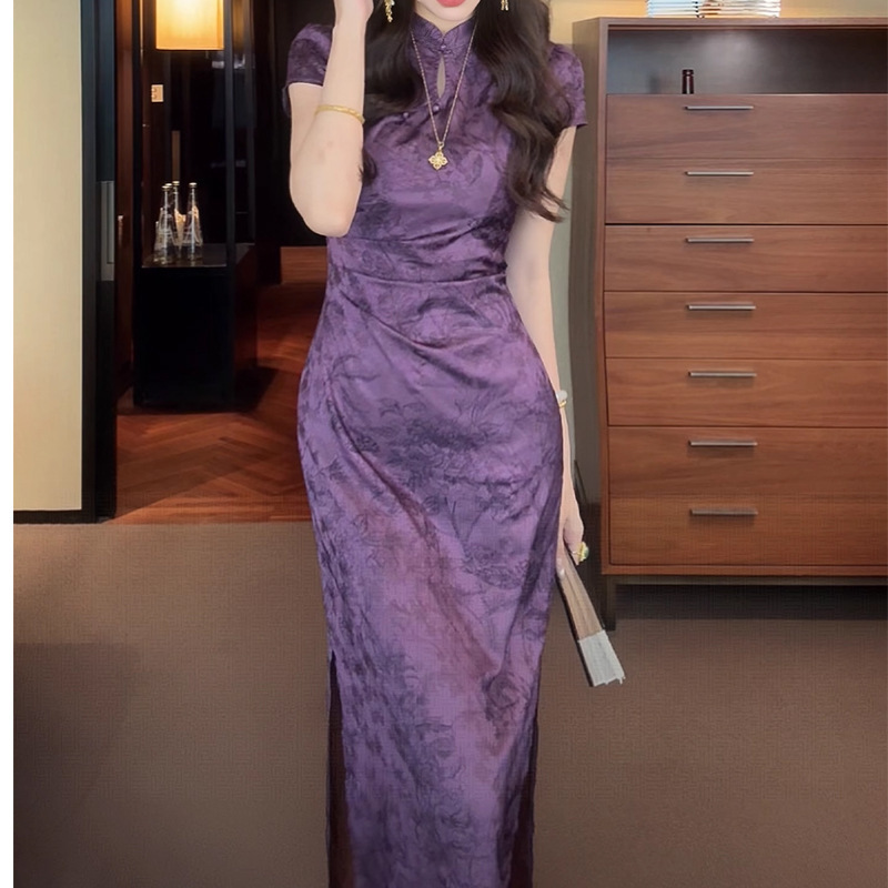 Zimo 新中国風紫改良チャイナドレス女性の夏の蝶プリントロングスカート中国風 2025 十三行|undefined