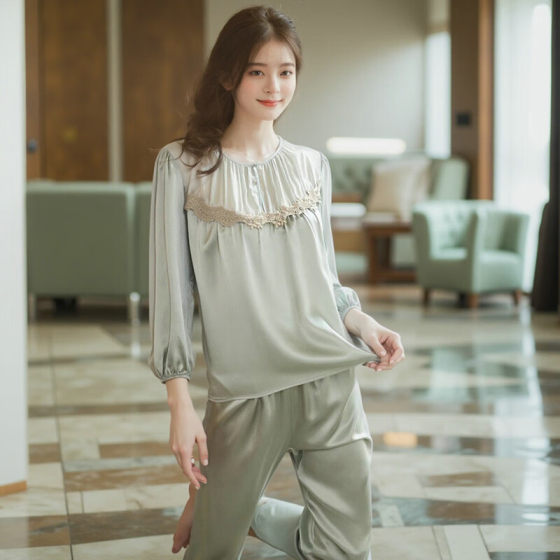 Home Atmosphere Heavy Silk Pajamas Women's Summer Long-Sleeved Trousers Mulberry Silk Korean Style Sweet Outer Wearable Home