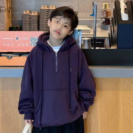 休闲运动保暖带帽儿童外套冬装男童中大童半拉链套头加绒连帽卫衣
