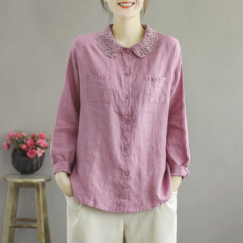 2025 New Retro Literary Casual Lace Collar Long-Sleeved Shirt Women's Spring Loose Slimming Look Top Navy Blue