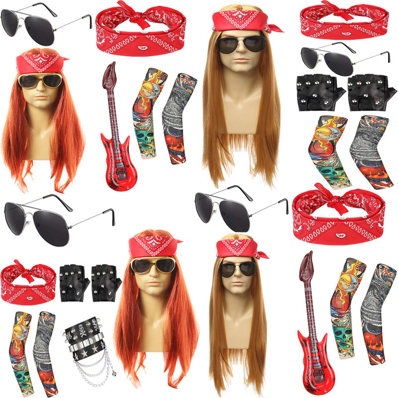 Amazon's Best-Selling Halloween Wig 60S70S80S Punk Costume Golden Straight Long Wig Headgear