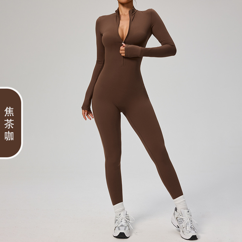 满亿欧美秋冬薄绒拉链长袖瑜伽连体服健身运动连体紧身衣8445|undefined