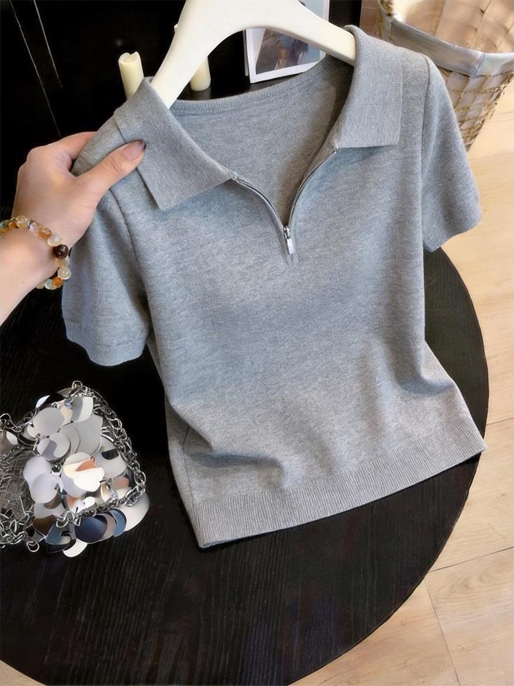 Áo thun polo nữ thiết kế dây kéo phong cách trẻ trung — trắng