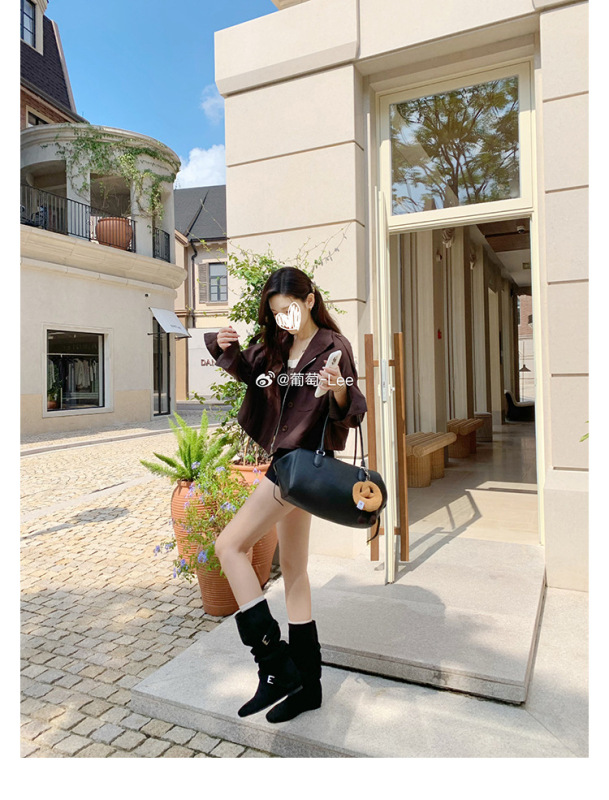 内增高6CM~真皮复古堆堆西部牛仔靴圆头扣带柔软褶皱显瘦中筒靴女|undefined