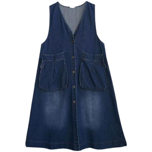 Large size denim vest dress, medium and long spring dress, Korean trend and fashionable large pocket horse clip strap dress
