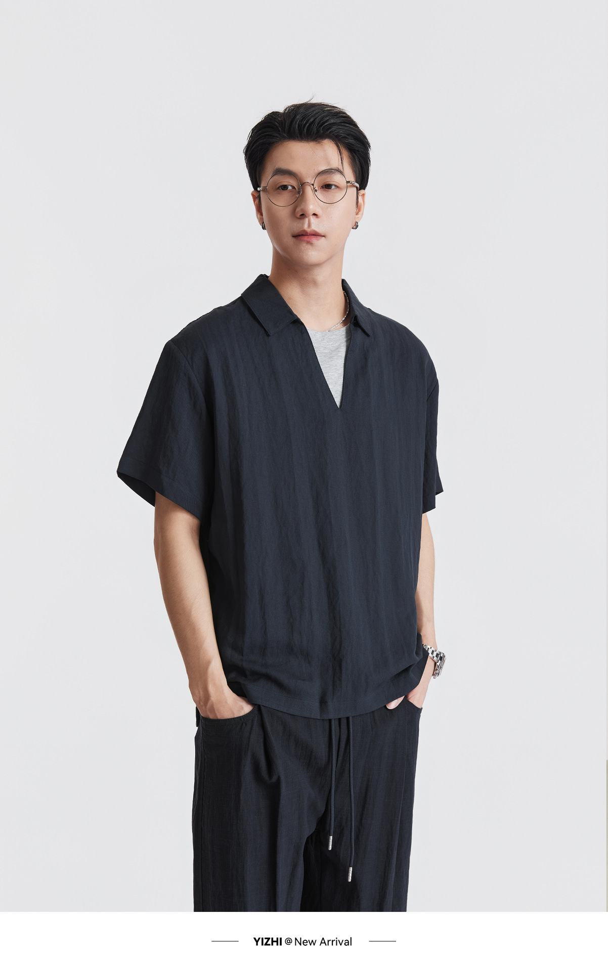 Áo sơ mi nam ngắn tay chất liệu Lyocell phối hai lớp cổ điển, phong cách old money — Xanh navy chi tiết 17