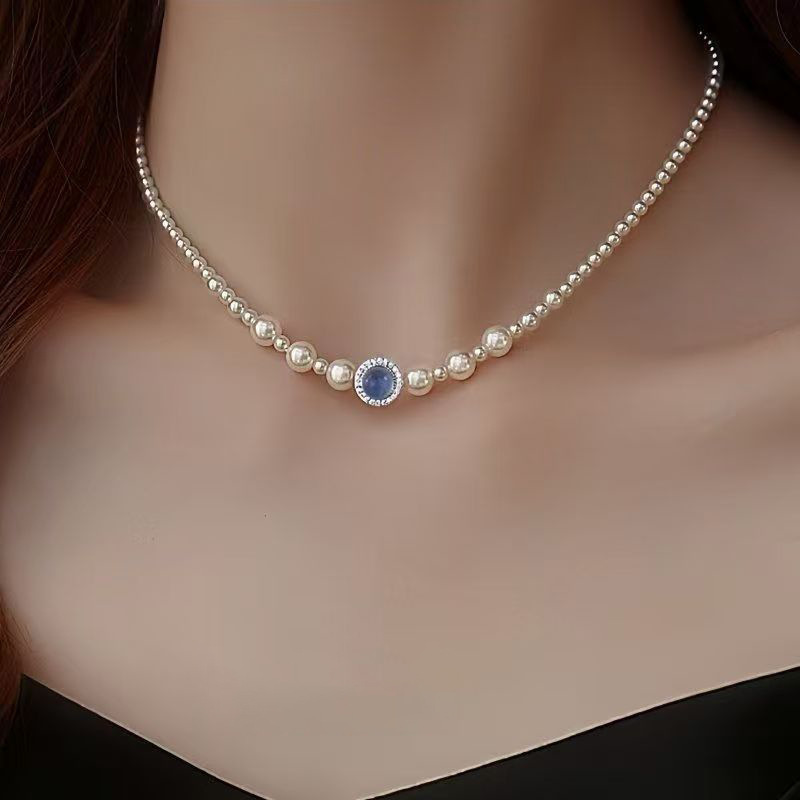 Yinghe ジュエリー天然アクアマリンパールネックレス女性のラウンド完璧なグラデーションキビビーズクラゲシェル鎖骨チェーン|undefined