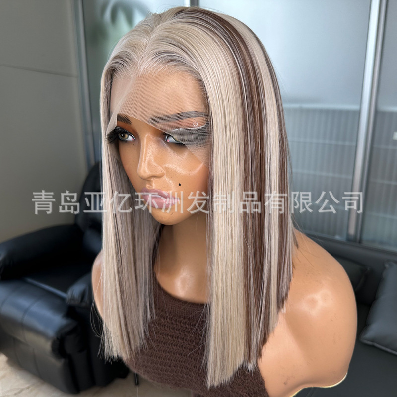 2025年アマゾンヨーロッパとアメリカのかつらミッドポイントミックスカラーピックアップショートストレートヘアフロントレース化学繊維かつら工場卸売|undefined