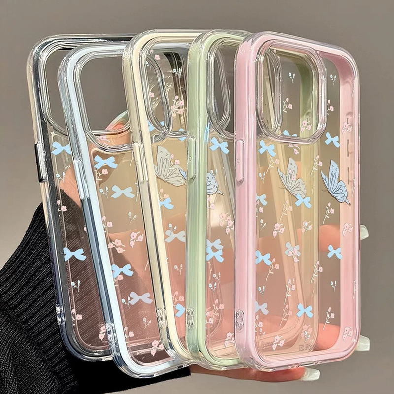 Ins Blue Butterfly Crushed Flower Suitable for Iphone17Pro Mobile Phone Case 16 Two-In-One 14 Fresh 13 Female 15 Large Hole