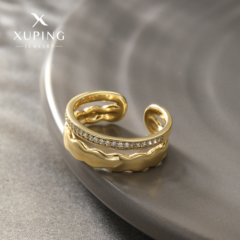 Anillo Xuping de nuevo estilo, de doble capa, con gemas artificiales, aleación chapada en color 14k, moderno y sencillo, ajustable y abierto, para mujer.