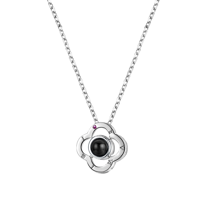 Sterling Silver Roman Numeral Four Leaf Clover Projection Necklace_voghion.com