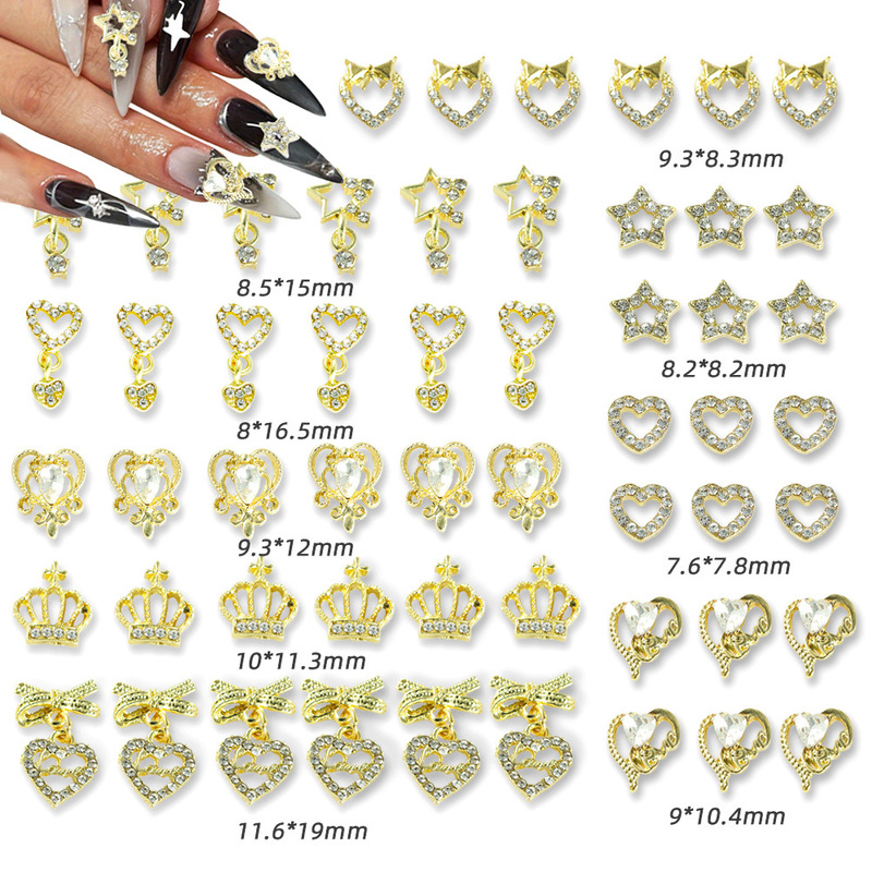 Cross-border explosions three-dimensional hollow five-pointed star love pendant nail jewelry heart-shaped crown alloy nail accessories