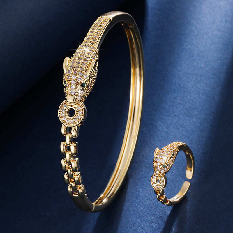 Cross-border leopard head copper coin chain inlaid with zircon bracelet and ring set, hot-selling personalized trendy fashion versatile jewelry Cross-border leopard head copper coin chain inlaid with zircon bracelet and ring set, hot-selling personalized trendy fashion versatile jewelry