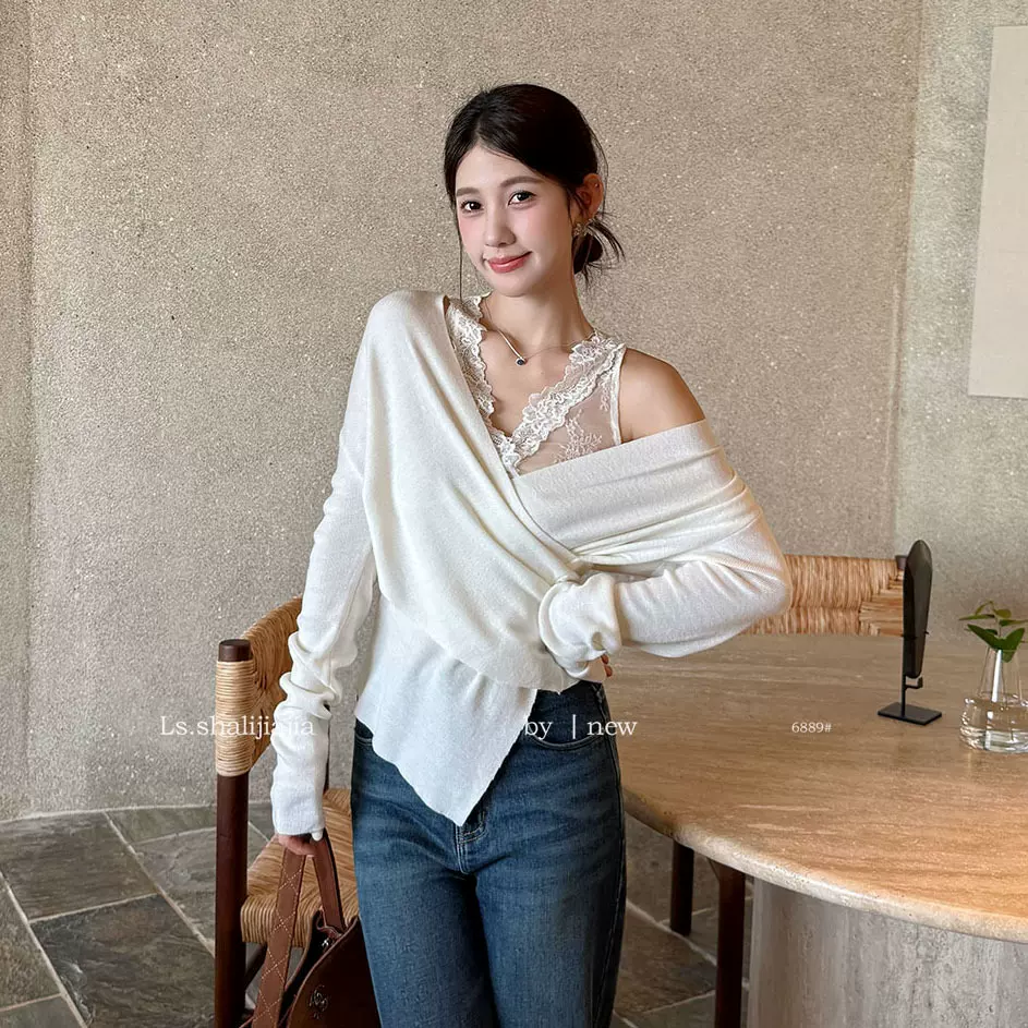 LS述致 性感纯色蕾丝吊带露肩长袖上衣2025秋新款针织小衫女6889#