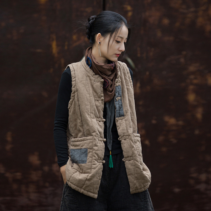 26 New Winter Cotton and Linen Women's Clothing, Improved Ramie Quilted Patchwork Outerwear, Retro Personalized Warm Women's Vest