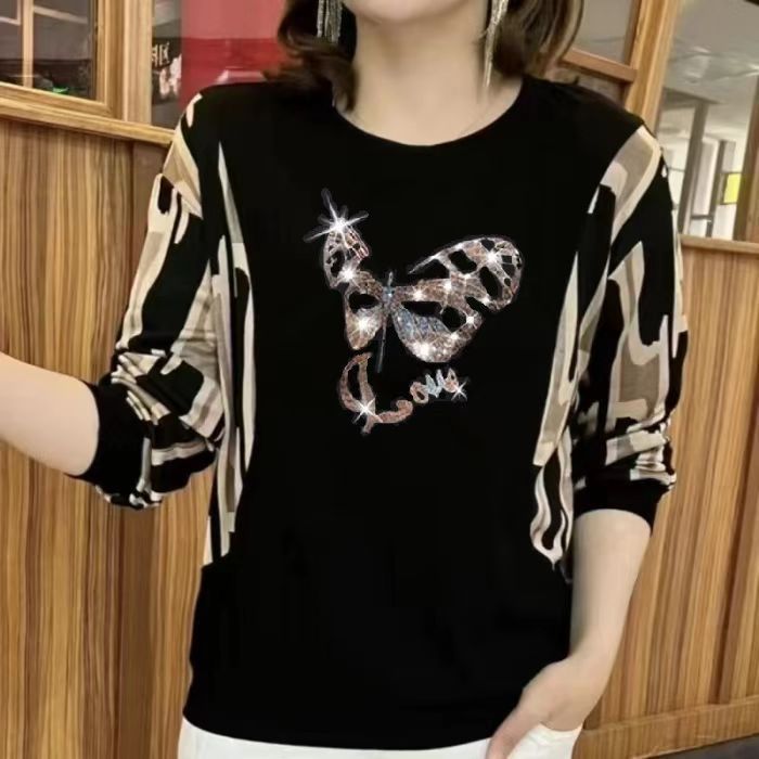减龄女装圆领上衣2025春季新款烫钻时尚宽松遮肉外穿洋气妈妈装潮|undefined