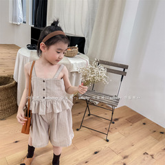 2024 Korean children's clothing summer Korean style two-piece set girls short-sleeved suspender shirt + shorts 123266