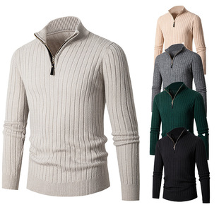 Foreign Trade Men's Clothing 2024 Autumn and Winter New Men's Long-Sleeved Vertical Strip Stand-Up Collar Casual Bottoming Knitwear Knitwear for Men