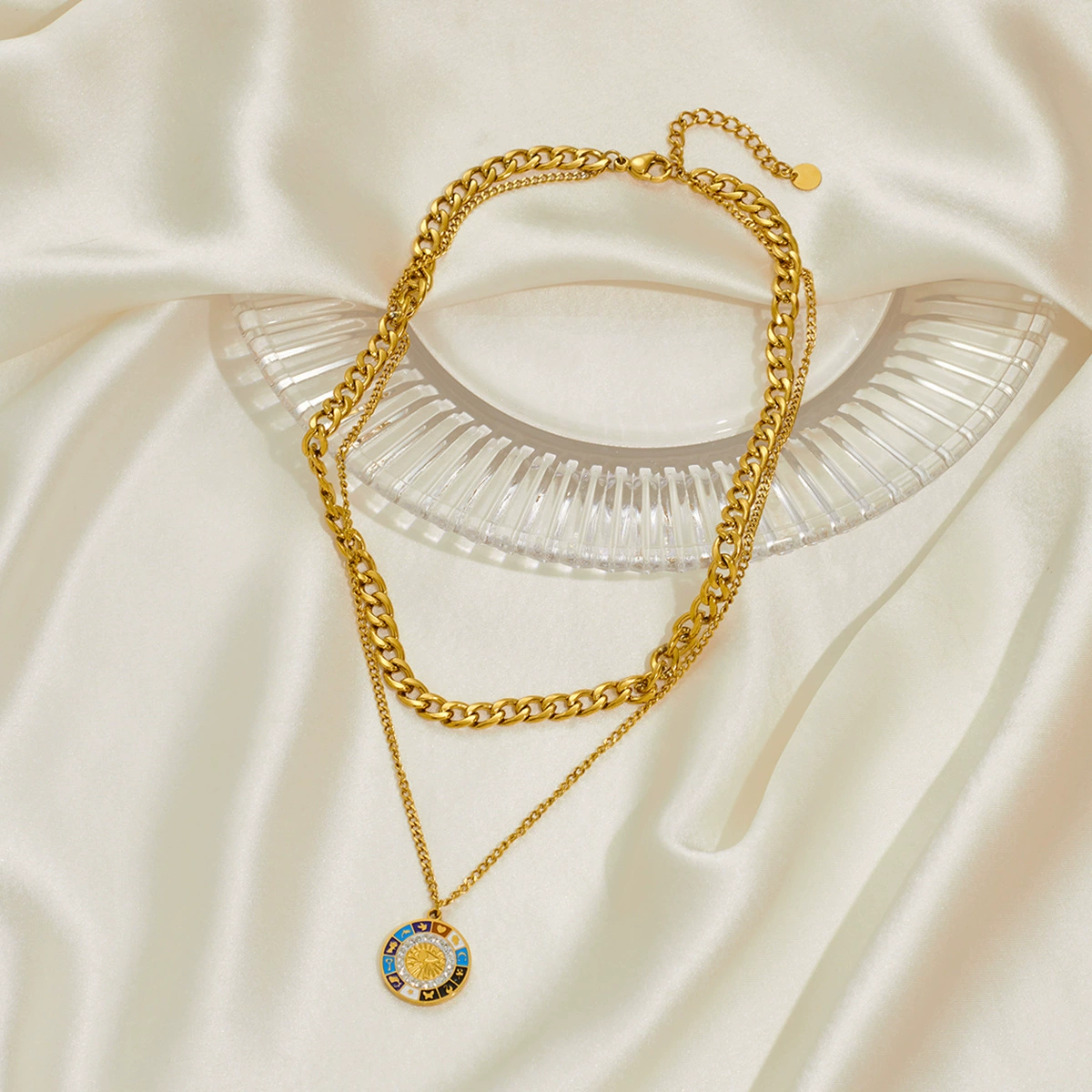 Европейский и американский титановый стальной позолоченный круглый бренд капающий масляный печатный кулон с двойными цепями, сложенными в модное ожерелье