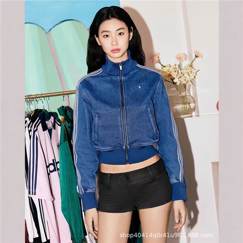 Cross-Border Celebrity Style Embroidered Logo Women's British Retro Old Money Stand Collar Short Denim Jacket