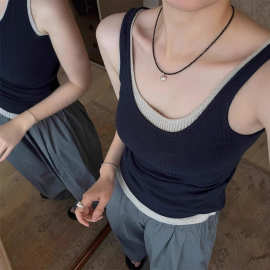 藏蓝色大领口u领假两件小吊带背心女夏外穿针织短款无袖上衣
