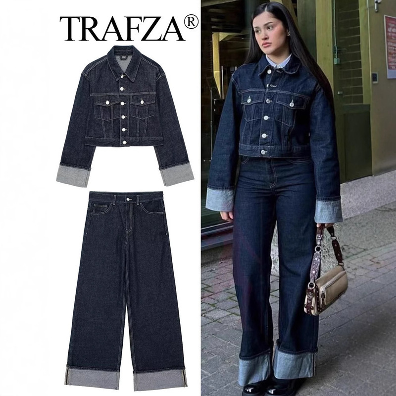 Trafza Women's Retro Denim Jacket Suit Single-Breasted Lapel Long-Sleeved Jacket Wide-Leg High-Waisted Jeans Trafza Women's Retro Denim Jacket Suit Single-Breasted Lapel Long-Sleeved Jacket Wide-Leg High-Waisted Jeans