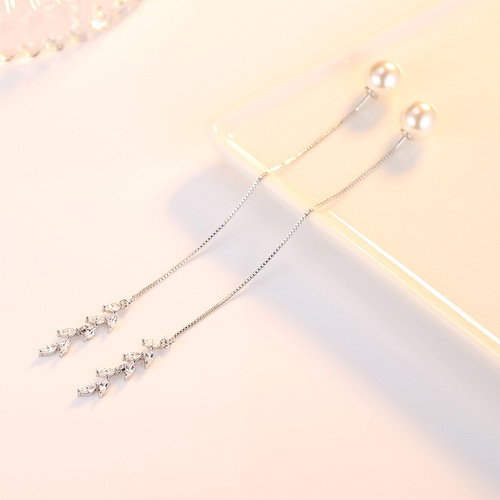 Silver earrings, leaf tassel earrings, women's zircon pearl petal earrings, Korean style long earrings