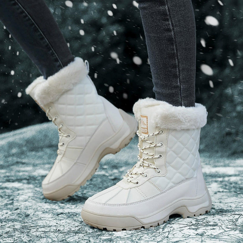 Женские зимние сапоги, плюшевая теплая хлопчатобумажная обувь, износостойкие удобные спортивные уличные высокие женские ботинки на шнуровке, большие размеры