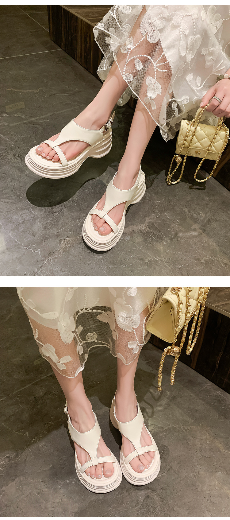 Sandal cao gót nữ hở mũi phong cách biker, đế dày 8cm, kiểu ống bọc La Mã — đen, Màu trắng nhạt chi tiết 13