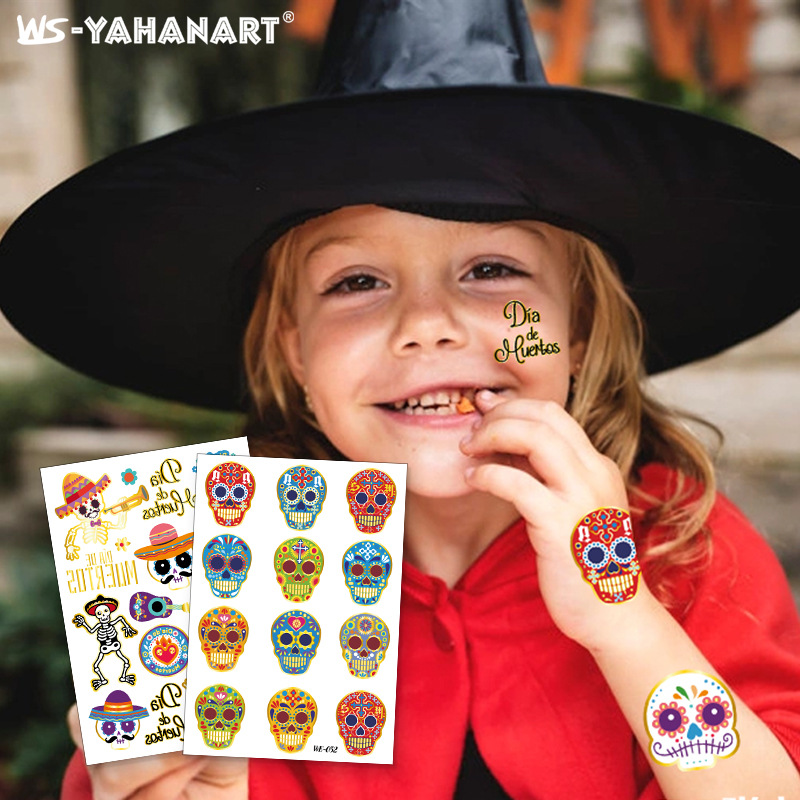 Tatuajes Temporales Dorado de Halloween de Papel de Transferencia de Agua para Día de Muertos image 1