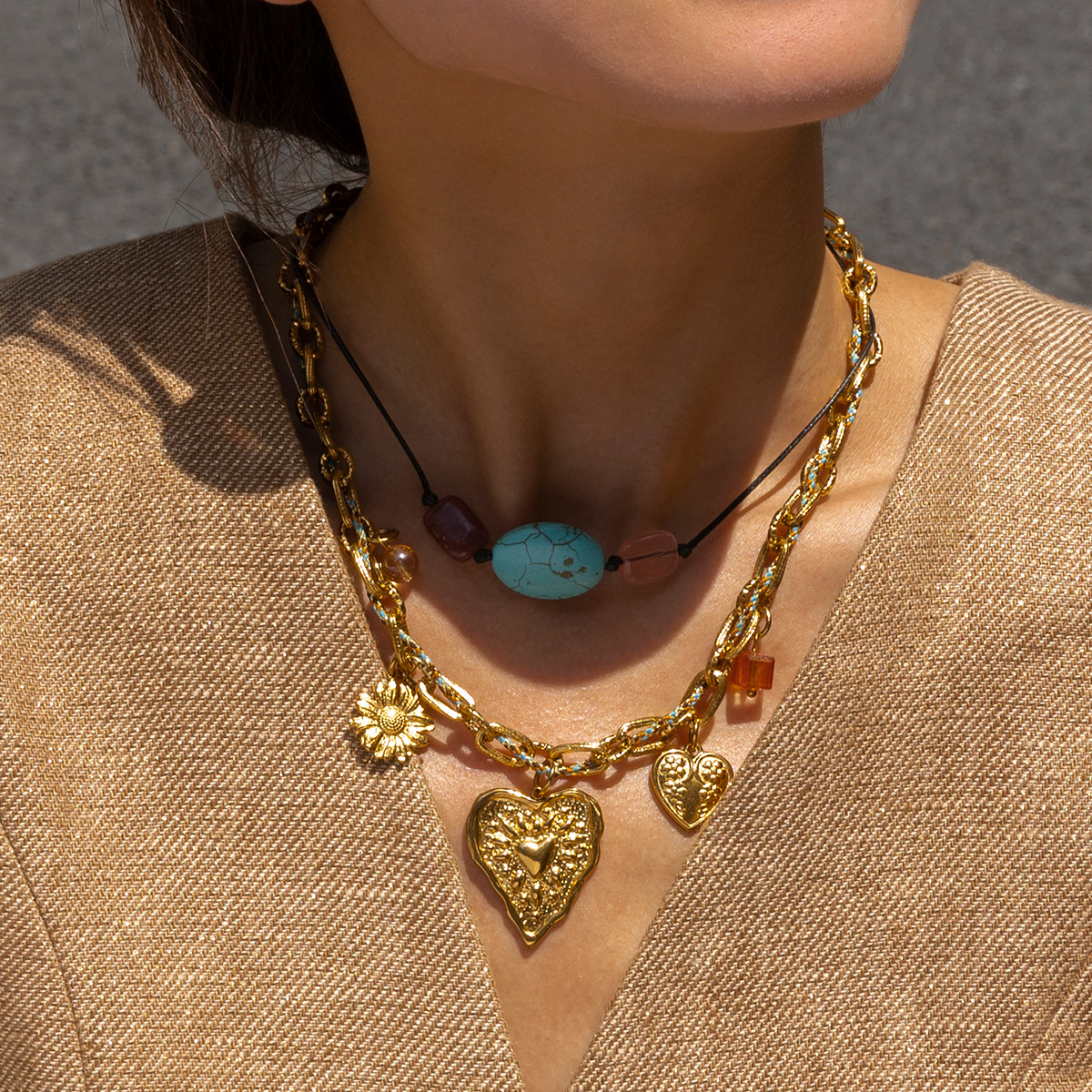 Collar de acero inoxidable TENA Europa y América de lujo ligero nicho de moda personalidad de acero de titanio cuerdas amor collar de piedra natural